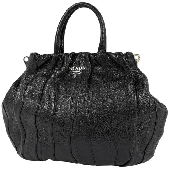 Prada Handbags - Prada Logo Handbag Gathered Tote Leather Nero